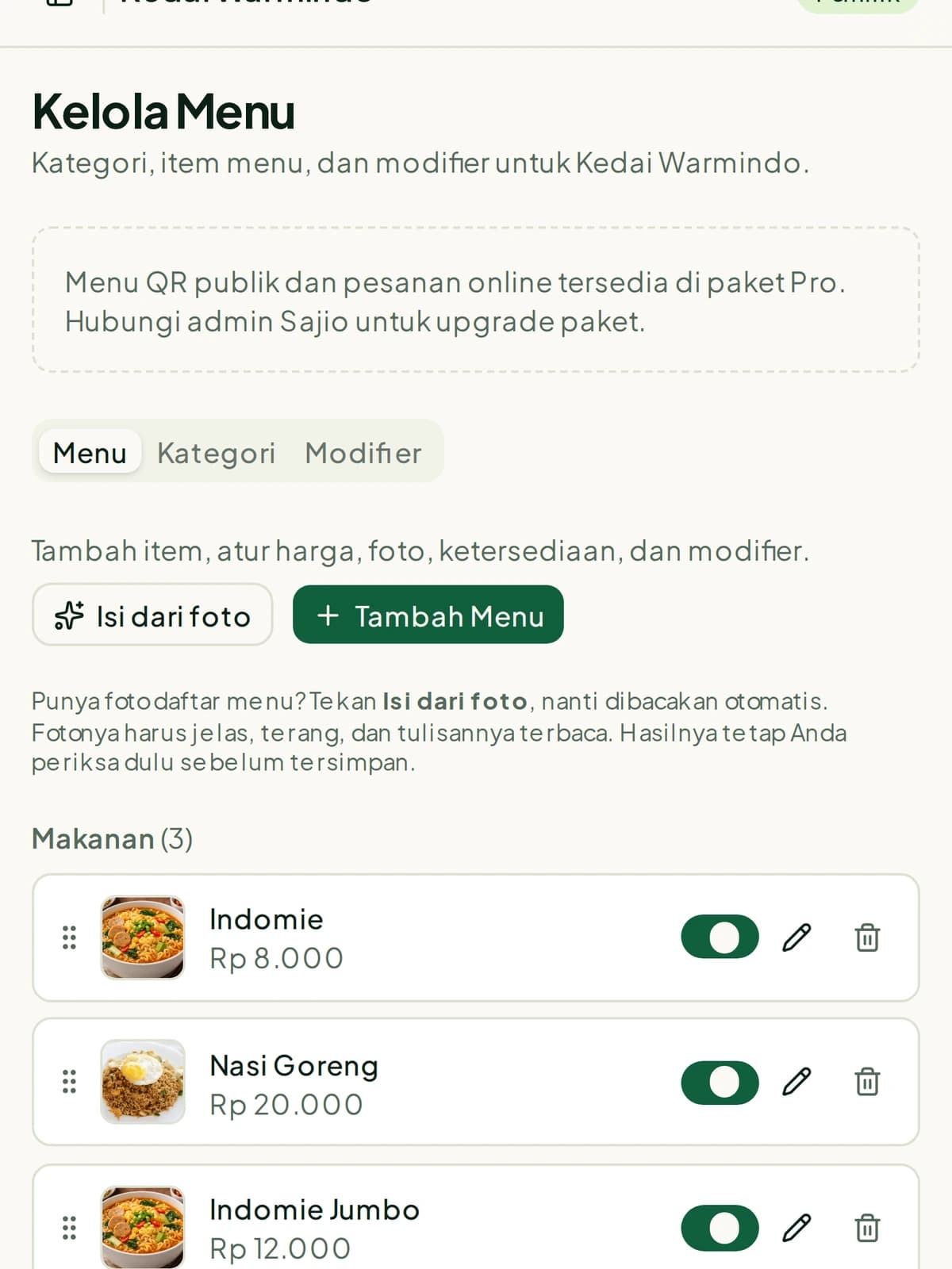 Kelola menu Sajio